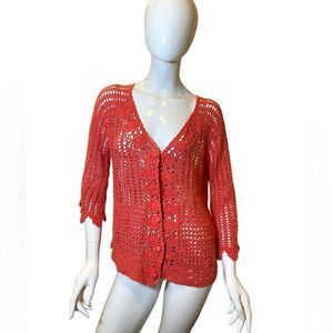 Vintage 90s Crochet Cottage Core V-neck Three Quarter Sleeve Cardigan Women’s M